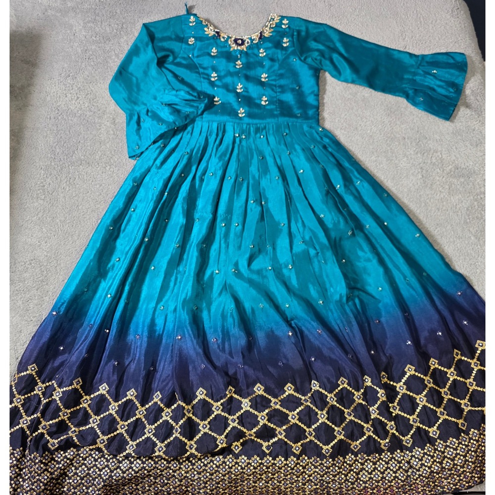 Handmade Womens Medium Anarkali Maxi Dress Teal Navy Ombre Gold‎ Embroidered